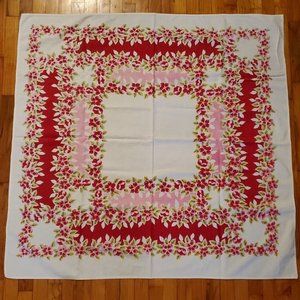Vintage 50's red pink Flower periwinkle Godetia tablecloth